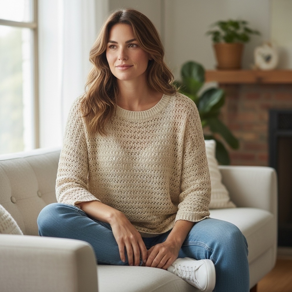 Chico's Cream Crew Neck Sweater with Metallic Embellishments